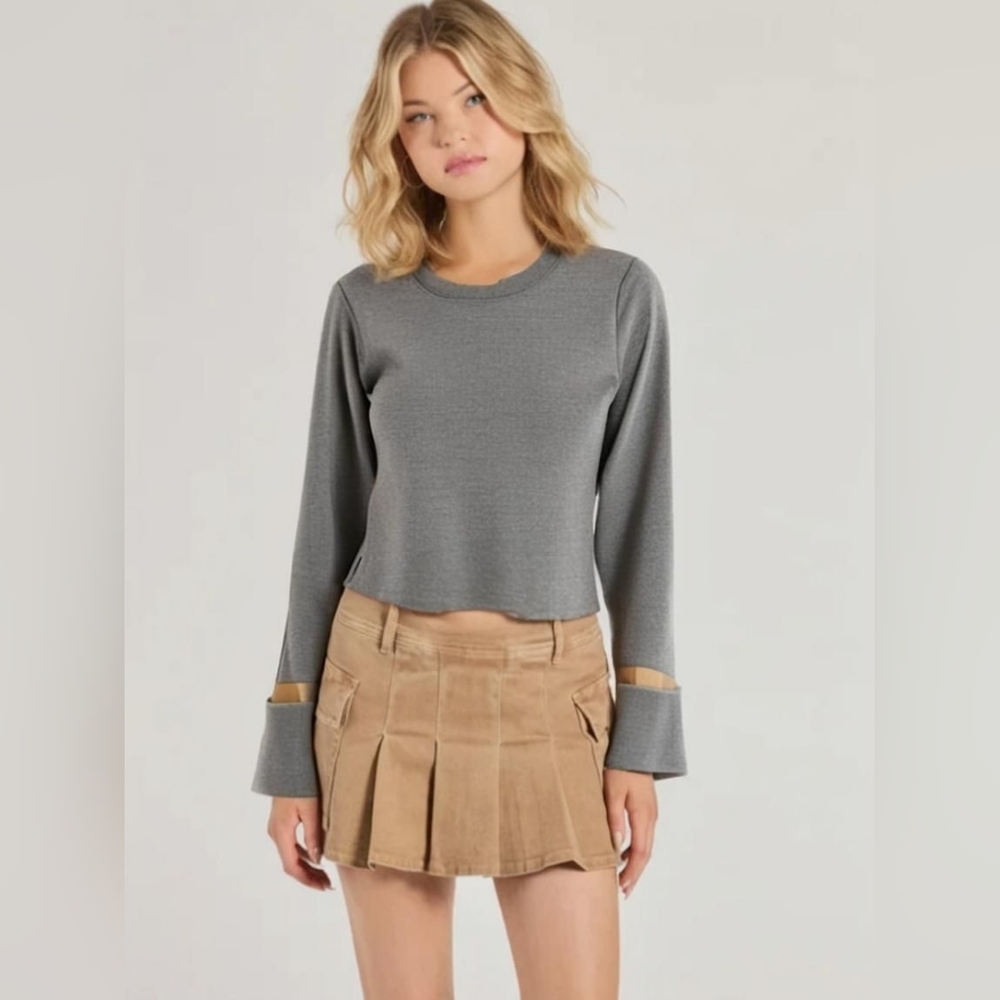 Zara Gray Cropped Crewneck Top With Contrasting Cuffs
